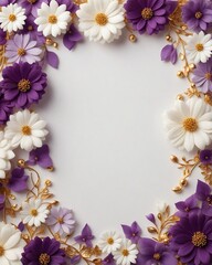 Elegant decorative small flowers golden white and purple invitation blank card  frame design. Ai image generative.
