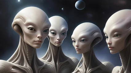 Foto op Canvas Atmospheric portrait of a group of alien beings from another planet with space background.  Generative AI © Barry Barnes