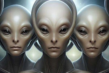 Atmospheric portrait of a group of alien beings from another planet with space background.  Generative AI