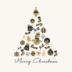 Christmas tree collage of christmas elements. Black and gold hand drawn vector flat illustration. For winter poster, card, scrapbooking, invitation, social media, post, prints