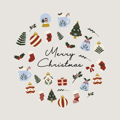 Christmas round greeting badge collage of christmas elements. Colourful hand drawn vector flat illustration. For winter poster, card, scrapbooking, invitation, social media, post, prints
