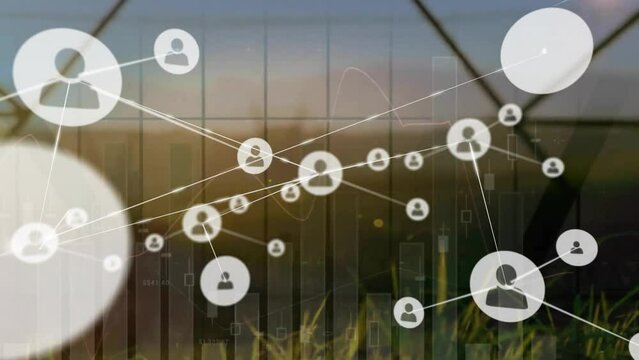 Animation of network of connections with icons and data processing over electric pylons