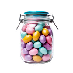 front view close up of chocolates Mini Eggs in a jar isolated on a white transparent background 