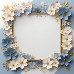 Elegant decorative small flowers golden white and blue invitation blank card  frame design. Ai image generative.