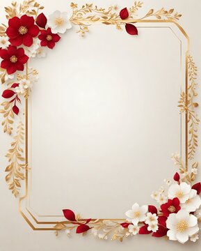 Elegant decorative small flowers golden white and red invitation blank card  frame design. Ai image generative.