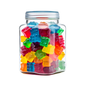 front view close up of in a gummy bears jar isolated on a white transparent background 
