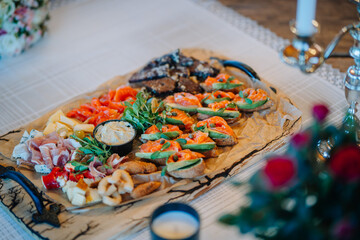 Buffet table snaks and sandwiches