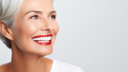 Mid age female with gray hair smile after teeth dental implants procedure. Dentistry concept. Banner with White background and copy space.