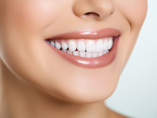 Close up beautiful female smile after teeth whitening procedure. Dental care. Dentistry concept.