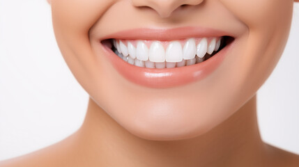 Close up beautiful female smile after teeth whitening procedure. Dental care. Dentistry concept.