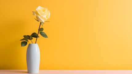 Single yellow rose in a white vase on a yellow background. - obrazy, fototapety, plakaty