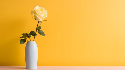 Fotobehang Single yellow rose in a white vase on a yellow background. © Tattoo_SP