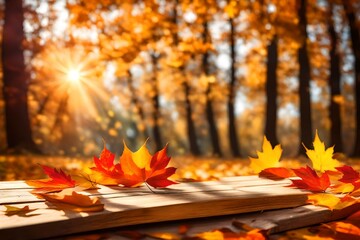 Empty wooden table with fall leaves, glowing sun and blurry seasonal colors. Autumn copy space background.Empty wooden table with fall leaves, glowing sun and blurry seasonal colors. Autumn copy space