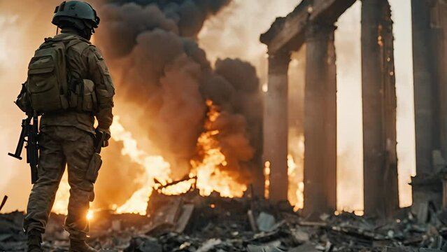 Unrecognizable military man standing back with the gun looking at ruins burning in fire. Horrifying picture of war in Palestine. Missile strike explosion. Smoke raising over the destroyed building.