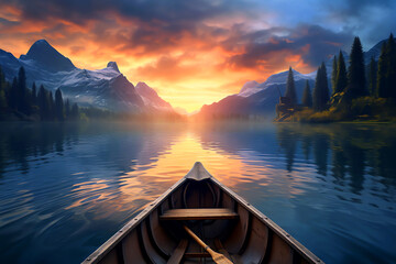 Fototapeta premium little boat at sunrise, AI generated