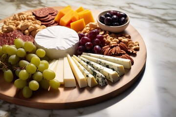 An extensive assortment of cheeses and cold cuts on a wooden cutting board with grapes and nuts on a light background.
