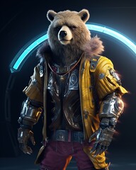 An anthropomorphic bear in a yellow jacket and armored gloves