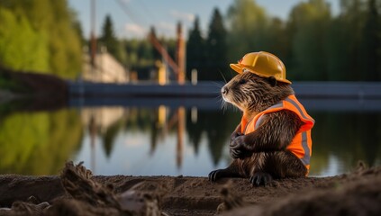 An anthropomorphic beaver in a construction vest and helmet looks at the reflection in the water, as if assessing its work. - obrazy, fototapety, plakaty