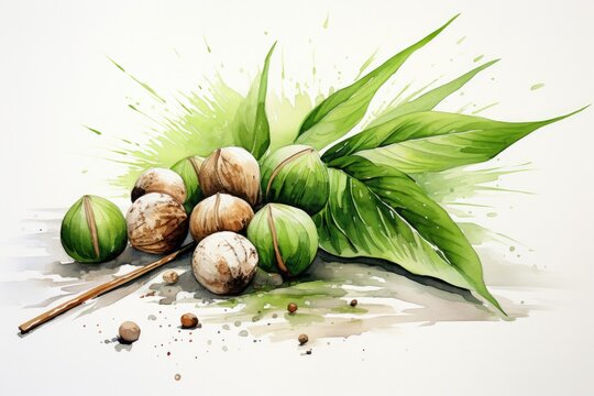 Behold the betel nut in watercolor, a dance of warm browns and lush greens. Each stroke on the canvas tells the story of this traditional and cultural nut.