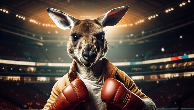 An anthropomorphic kangaroo in boxing gloves prepares for a fight in the ring, demonstrating strength and determination.