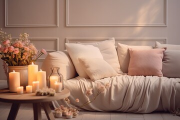 Modern living room with candles on table, white sofa, pillow and flowers. Created with AI