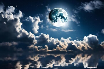 Naklejka na ściany i meble Captivating full moon illuminating clouds and stars in night sky, sky with moon and clouds 