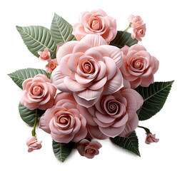Bouquet of pink roses bunch roses flower plant with leaves isolated on transparent background. cutout, PNG file. Valentine's day-wedding. Mock up template product presentation. artwork design.