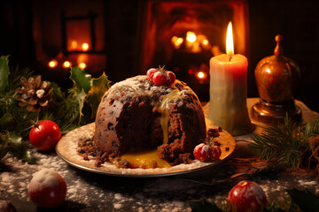 Fototapeta na wymiar Traditional British Christmas pudding is a make-ahead, steamed, fruit filled dessert, also known as plum pudding. Beautiful culmination of British Christmas dinners