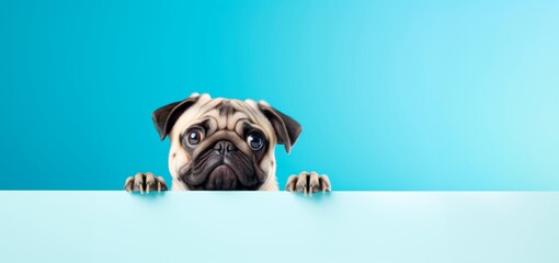funny pug peeping from behind a vibrant blue block, horizontal wallpaper banner or card  large copy space for text. - obrazy, fototapety, plakaty