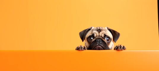 funny pug peeping from behind a vibrant orange block, horizontal wallpaper banner or card  large copy space for text.