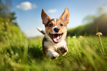 A Playful and Happy Pet Dog Puppy Running in the Spring-Summer