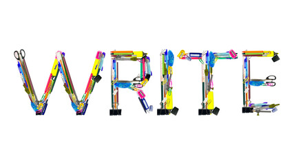 word of WRITE made from various kinds of stationary isolated on transparent background