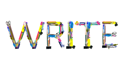 word of WRITE made from various kinds of stationary isolated on transparent background