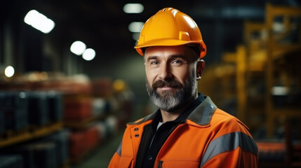 handsome mature male warehouse worker foreman in orange safety helmet portrait in production room
