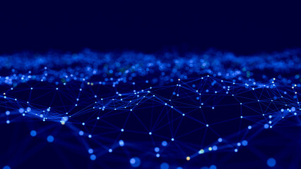 The plexus is a plane of blue dots and lines on a dark blue background. 3d render