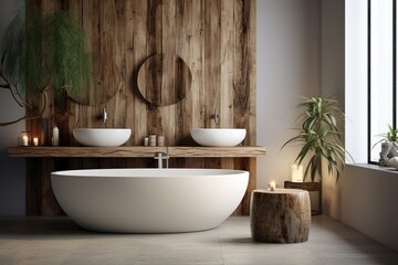 Modern bathroom interior with wooden walls, sink and white tub. Created with Ai
