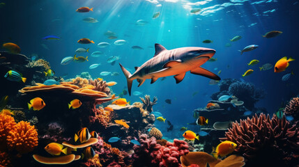 Fototapeta na wymiar Sharks and schools of colorful fish in the underwater coral reef Stunning shadow Contrasting sea and orange colors Adventures of colorful fish and sharks