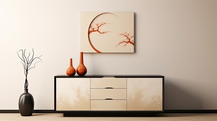 Modern living room with white cupboard, b;ack vase and painting. Created with Ai