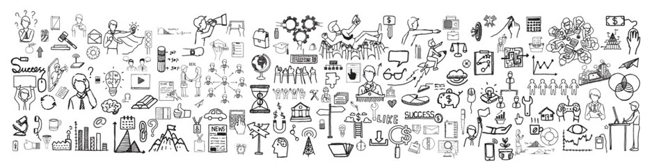 Big bundle business casual doodles icons and objects. Business doodles hand drawn icons. Vector illustration

