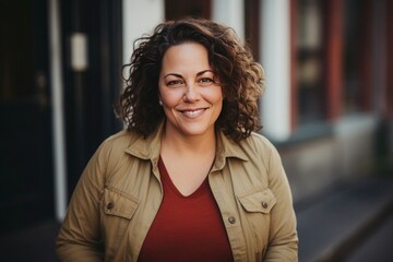 European smiling woman 45 years old in a light brown jacket against a background of blurred street