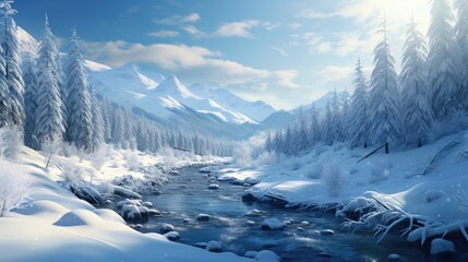 winter landscape, forest, mountains, snow falling, dawn, sunny, frozen river, snowy