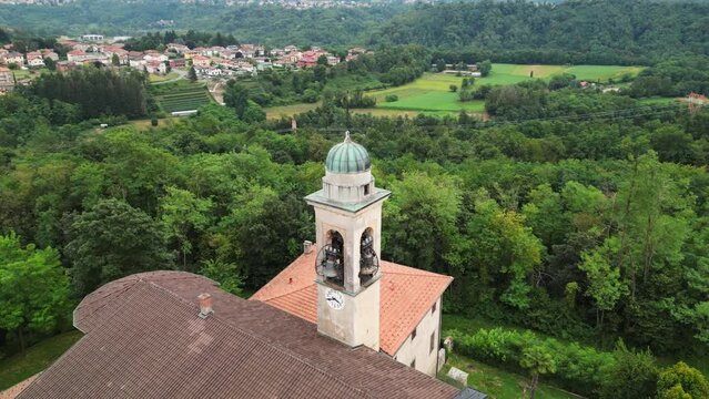 A beautiful Italian city among the mountains. Drone video recording.