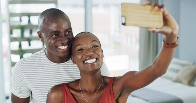 Selfie, love and happy couple in a house with memory, moment or photography while bonding. Smartphone, app and black people in a living room for social media, profile picture of blog, update or post