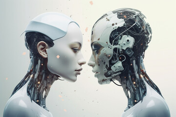 Sci-fi, technology concept. Abstract illustration of robot and human confrontation. Advanced artificial intelligence half human half robot portrait. Modern futuristic robot human assistant