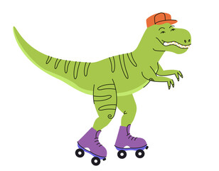 Tyrannosaurus rides roller skates. Funny predator in doodle style.