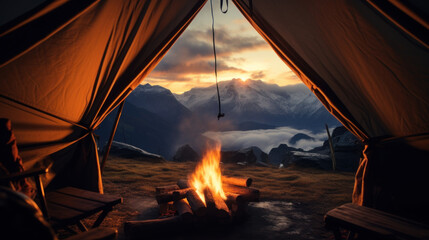 View from inside the tent Looking out at the small campfire ahead and the beautiful mountain range in the distance with the morning mist. - obrazy, fototapety, plakaty