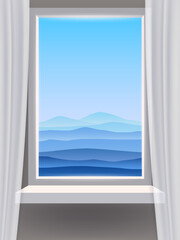 Window view interior, minimal landscape, hills, mountains