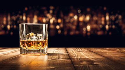 Whiskey with ice on wooden table in liquor store or bar counter with empty copy space - obrazy, fototapety, plakaty
