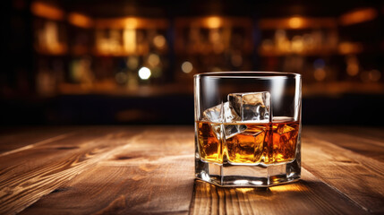Whiskey with ice on wooden table in liquor store or bar counter with empty copy space