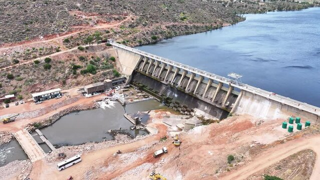 Construction work on the Clanwilliam Dam in the Western Cape, South Africa, one of the larger dams supplying irrigation water to grape and citrus farmers.